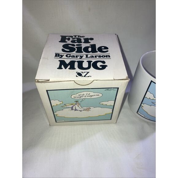 The Far Side Angel Wish I'd Brought A Magazine Mug Gary Larson 1985 With Box - Picture 2 of 7